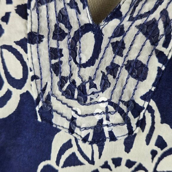 J H Collectibles Size XL 100% Cotton Blue White Patterned Tunic Clear Sequin Dtl - Picture 7 of 16